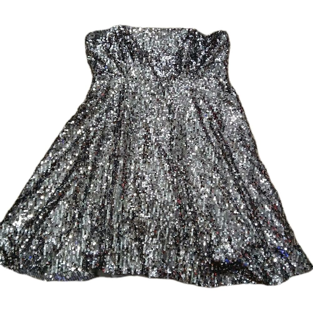 Chicas Silver Sequin Strapless Party Dress M Medium Sparkly A-Line Mini Cocktail